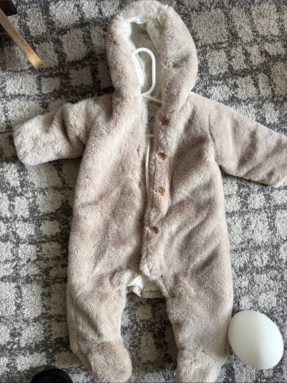 Zara Plush Hooded Baby One-Piece in Light Taupe